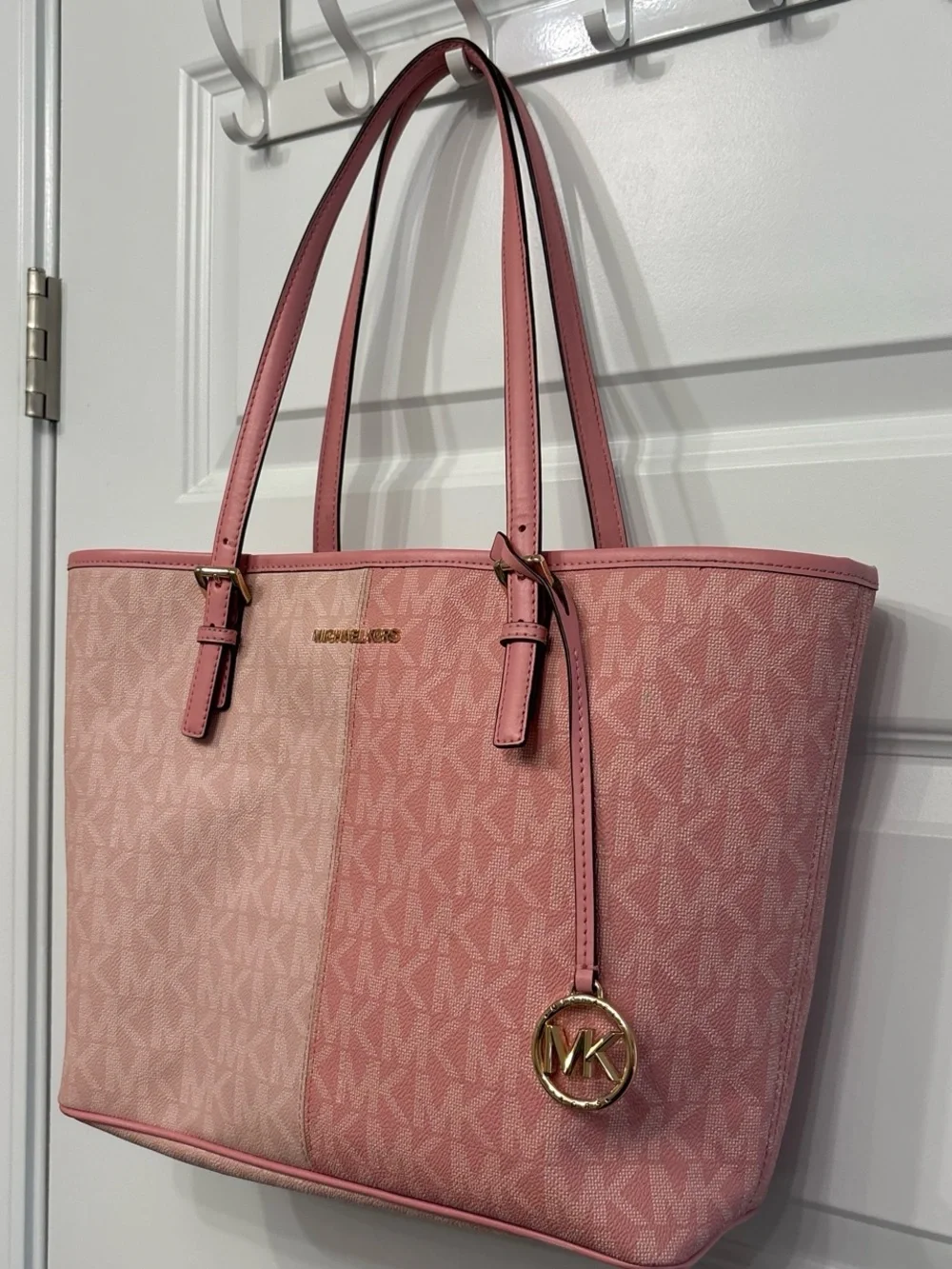 Michael Kors Jet Set Two-Tone Pink Signature Tote Pink
